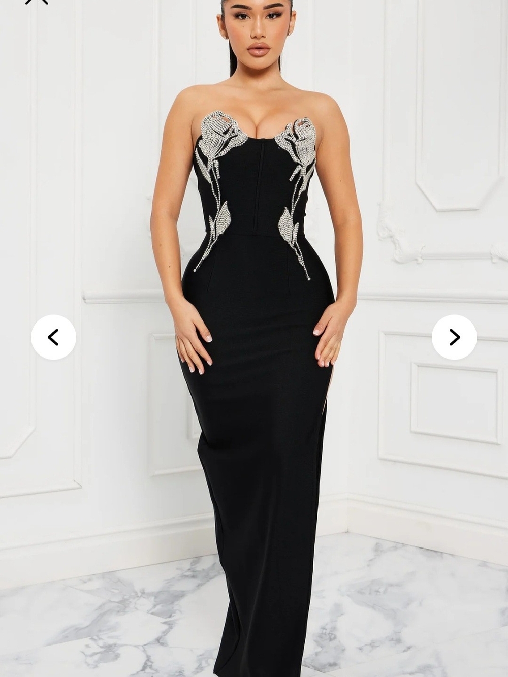Fashion Nova Black Strapless Gown with Crystal Rose Appliqués